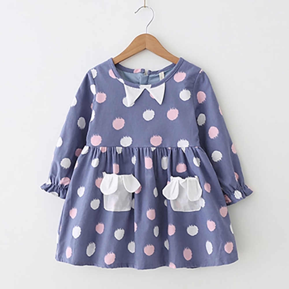 Girls Cotton Long Sleeve Polka Dotted Casual Dress